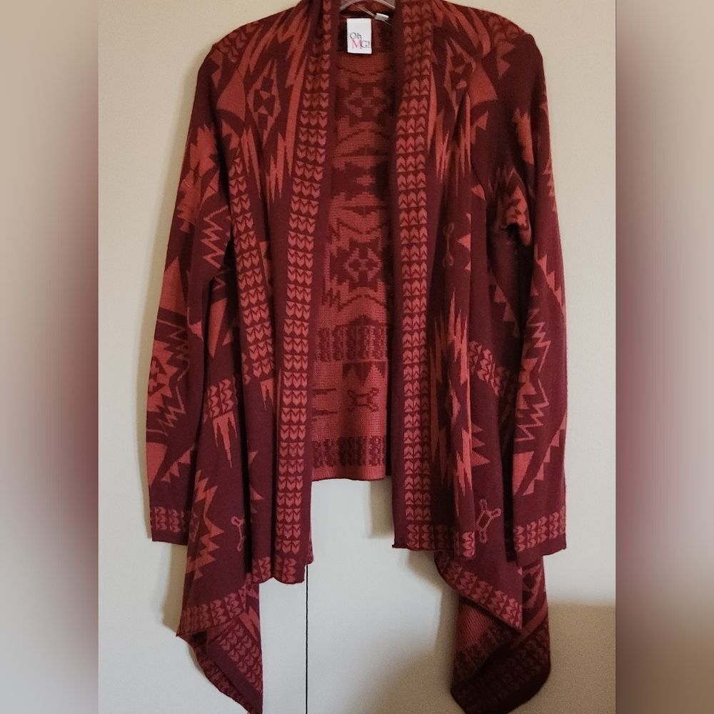 C12 Oh MG! burgundy and orange open front waterfall cascade sweater cardigan